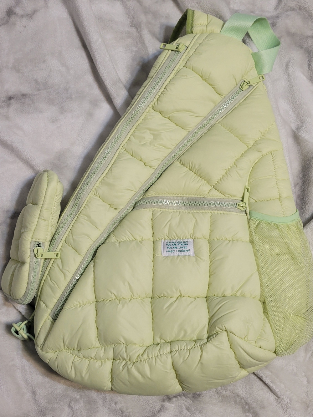 Simply Southern Light Green Quilted Sling Backpack